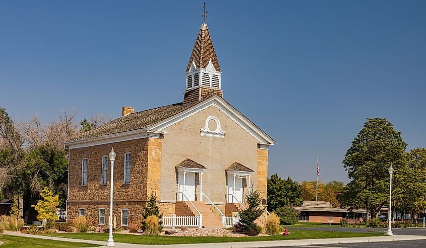 Sunny view of the Parowan Old Rock Church Museum at Parowan, Utah