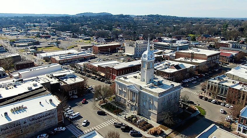 Aerial photo of downtown Columbia, Tennessee.