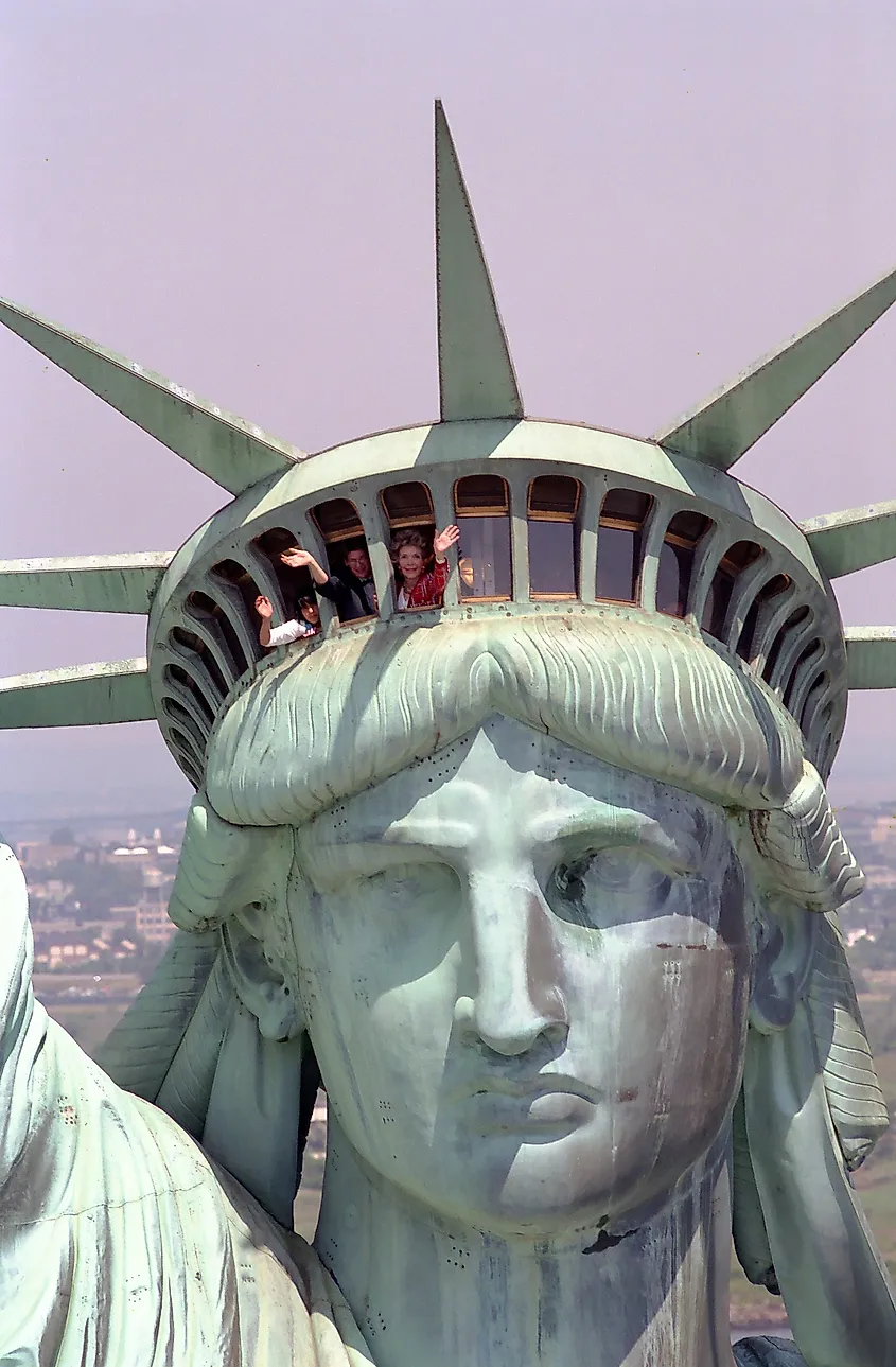 July 4, 1986: First Lady Nancy Reagan (in red) reopens the statue to the public.