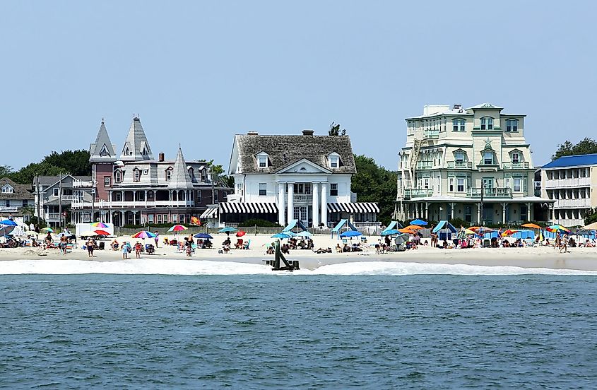 Beachgoers enjoy a beautiful day in Cape May, New Jersey.