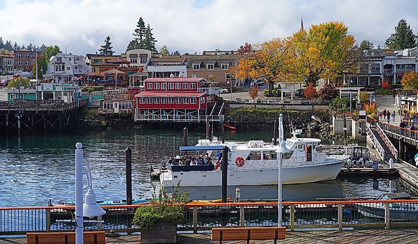 Landscape view of downtown Friday Harbor, the main town in the San Juan Islands archipelago in Washington State, United States.