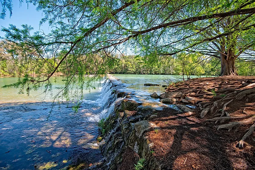 Blanco State Park in Texas showing the waterfall and the treelined river