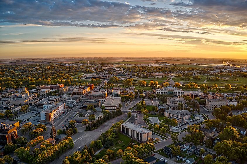 Aerial view of a sunrise over Grand Forks, North Dakota