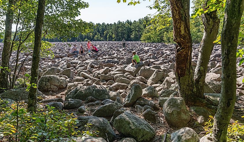 Families enjoying hiking through the boulder field at Hickory Run State Park.