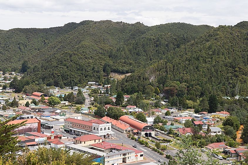 The historic architecture of Queenstown from Spion Kop Lookout on a warm summer's day in Tasmania, Australia