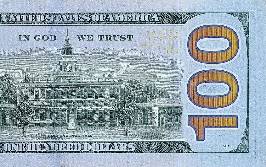 Independence Hall on 100 dollars banknote back side