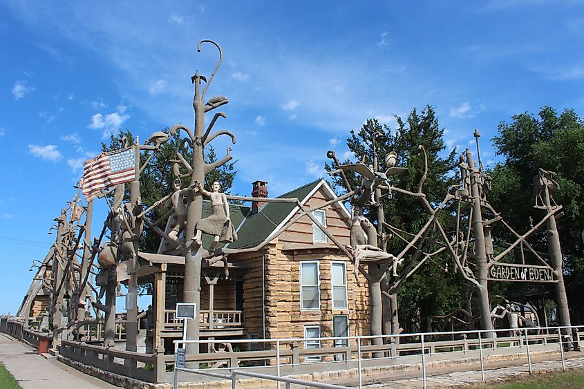 A shot of the Garden of Eden in Lucas Kansas USA with blue sky and white clouds. On 5-25-2019 on Memorial Day.