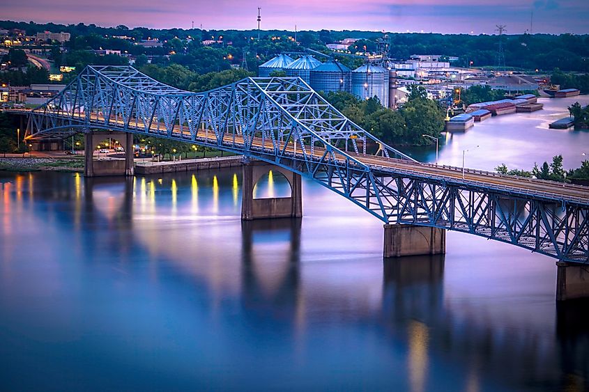 Long exposure image of O'Neal Bridge at night, spanning the Tennessee River between Florence and Sheffield, Alabama.
