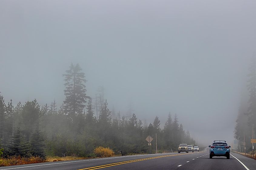 Foggy weather hangs over the highway on McKenzie Pass in Sisters, Oregon.