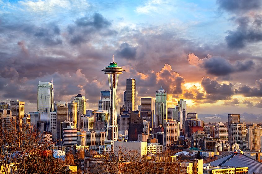 The skyline of Seattle, Washington, with the Space Needle and Mount Rainier.