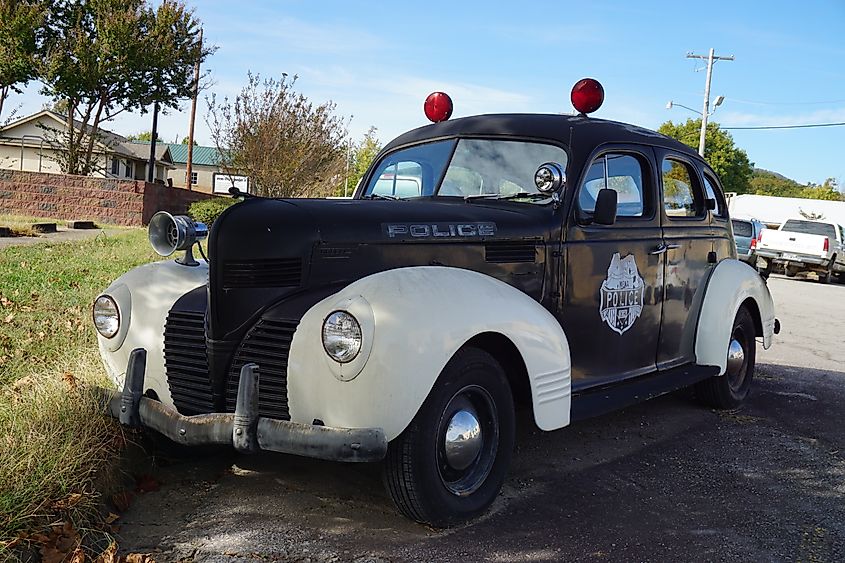 An old Mena Police Department vehicle in Mena, Arkansas.