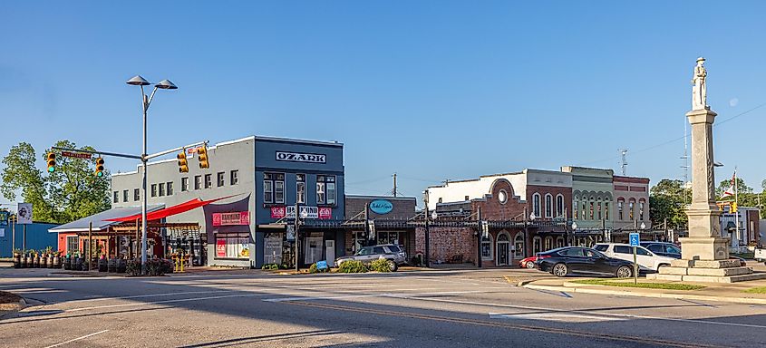Ozark, Alabama, USA - April 19, 2022: The old business district on Reynolds St.