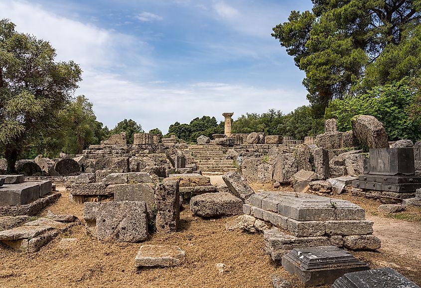 The ruins of the Temple of Zeus in Olympia, Greece.