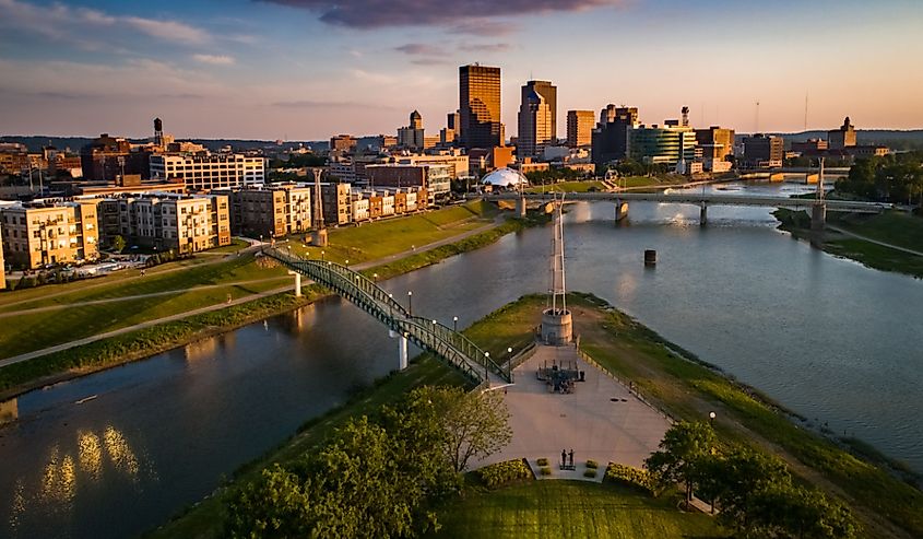 Looking on at the confluences of the Mad and Great Miami Rivers in Dayton Ohio at sunset