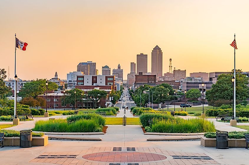 Des Moines, Iowa, skyline from the State Capitol at sunset