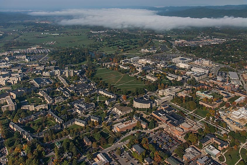 Aerial view of Virginia Tech in Blacksburg, Virginia