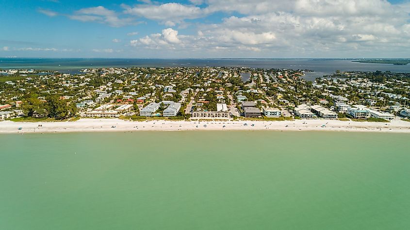 Aerial view over the ocean in front of Holmes Beach on Anna Maria Island, Florida