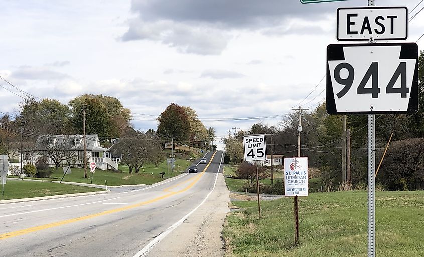View east along Pennsylvania State Route 944 (Wertzville Road) at Pennsylvania State Route 114 (New Willow Mill Road) in Silver Spring Township, Cumberland County, Pennsylvania