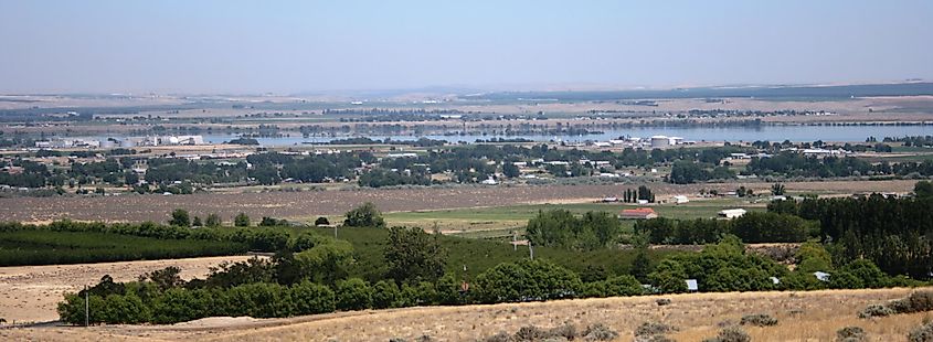 View of Finley in the foreground with the Columbia River in the distance, looking northeast.