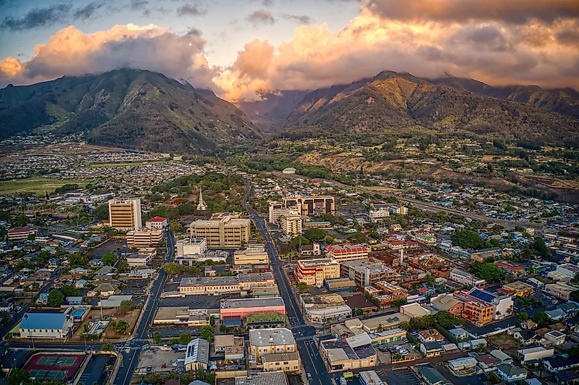 Aerial View of the City of Wailuku on the Island of Maui in Hawaii