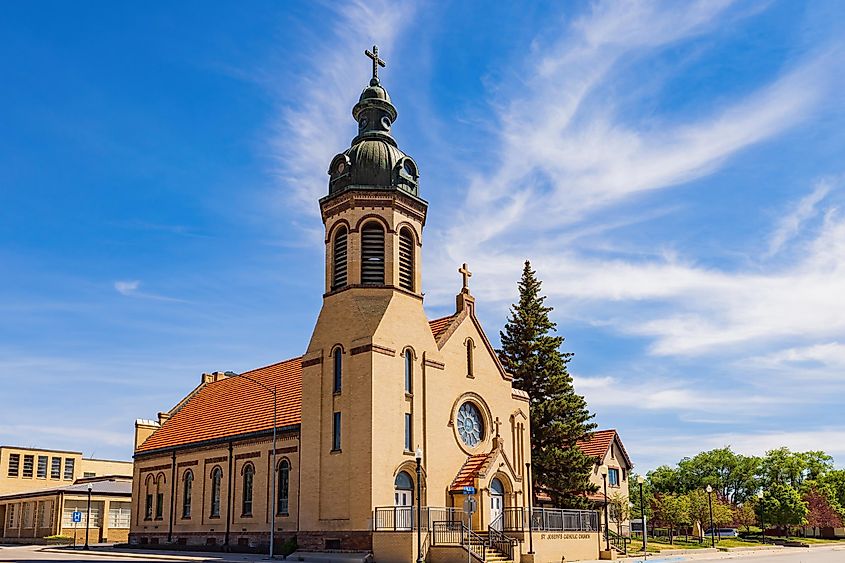 Sunny exterior view of St Joseph's Catholic Church. 