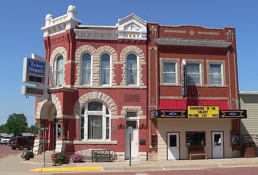 First National Bank building (left) and Ute Theater (right), located at northwest corner of Jefferson and Commercial Streets in Mankato, Kansas.
