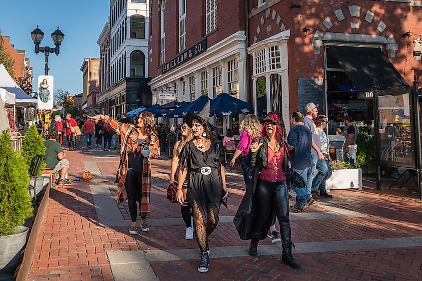 People dressed in costumes at the annual Haunted Happenings in Salem, Massachusetts.