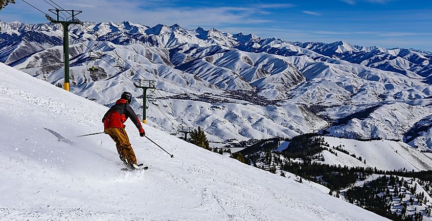 A person downhill skiing in Sun Valley, Idaho.