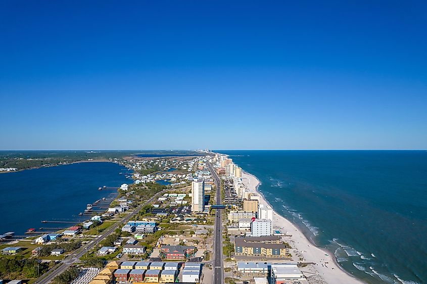 An Aerial view of little lagoon and the Gulf of Mexico in Gulf Shores, Alabama