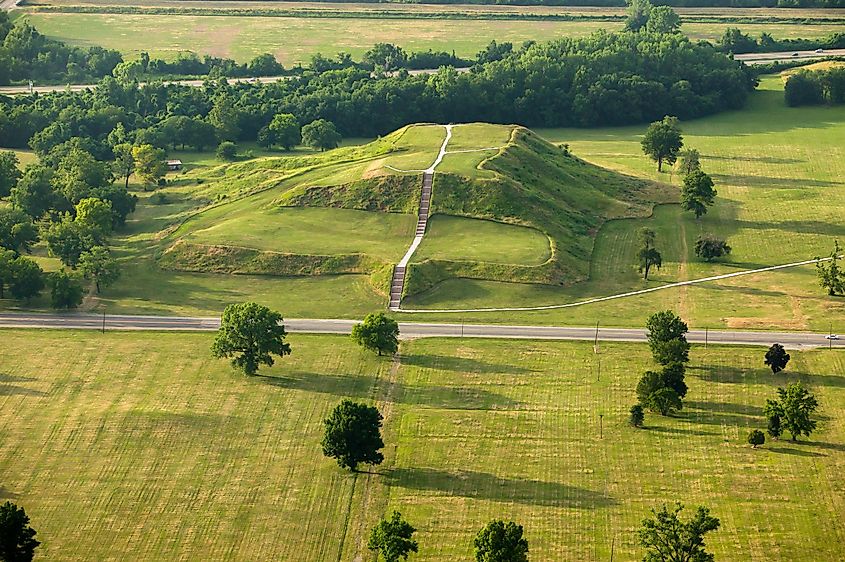 Aerial view of Cahokia Mounds near Collinsville, Illinois.