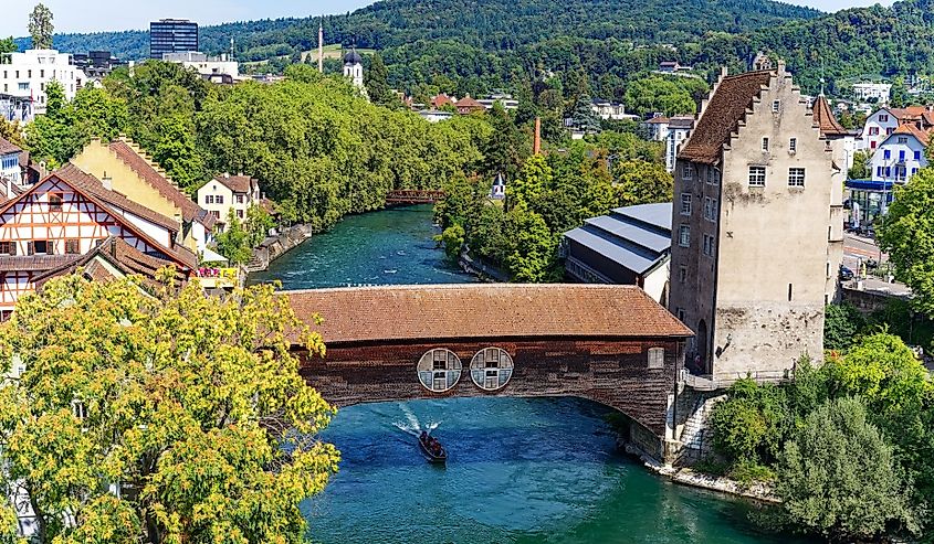 Scenic view of the old town of Swiss City of Baden, Switzerland.