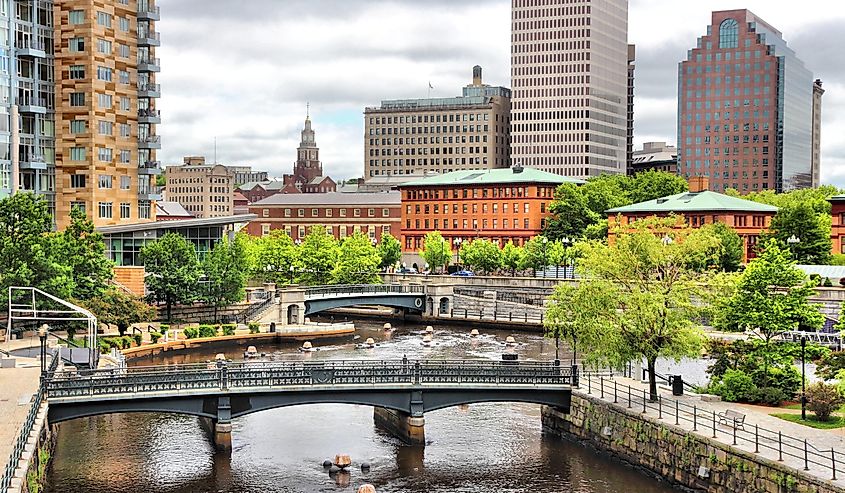 Panoramic view of a modern downtown city skyline of Providence on the Atlantic Ocean East Coast.