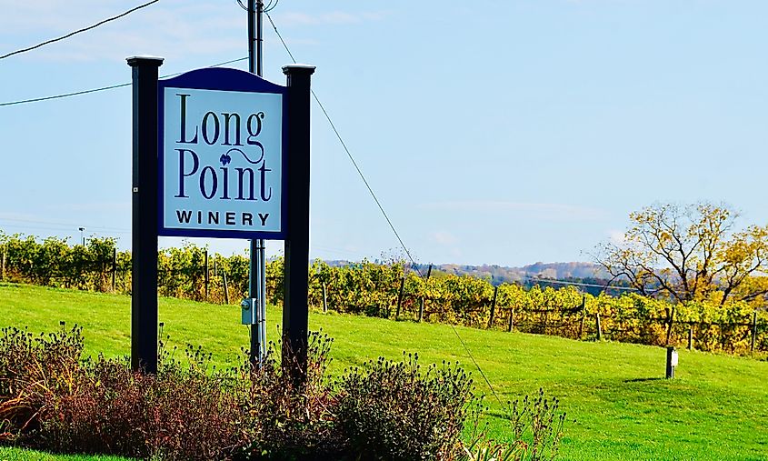 Signage for the Long Point Winery near Aurora, New York.