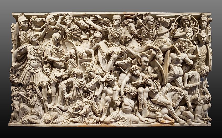 The Ludovisi Battle sarcophagus depicting a battle between the Romans and the Barbarians.