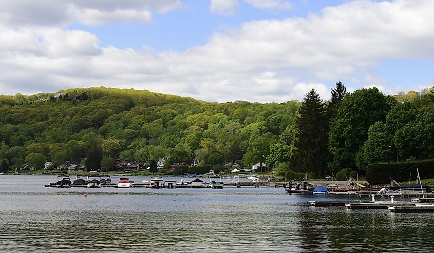Candlewood Lake on a peaceful summer morning with boats docked