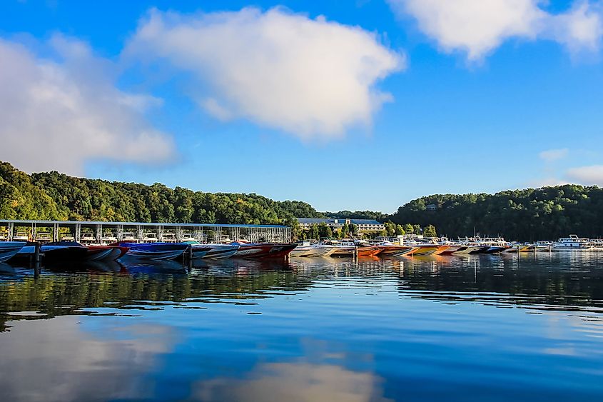 Boats sitting at State Dock as day breaks for the start of the Poker Run in Lake Cumberland, Kentucky