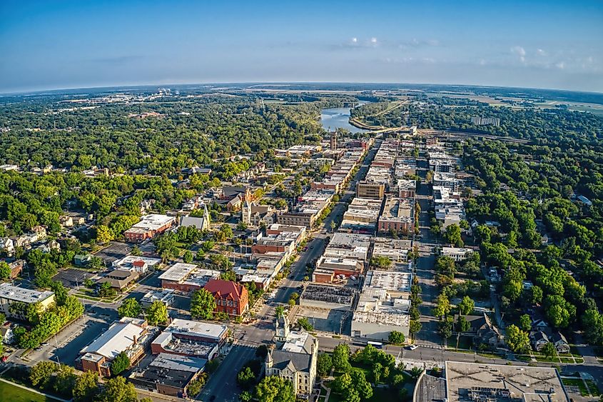 Aerial view of Lawrence, Kansas, and its State University. 