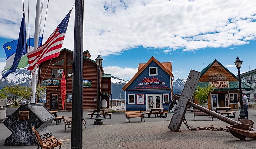 Seward, Alaska USA - April 06, 2019: waterfront seward downtown of fishermans wharf