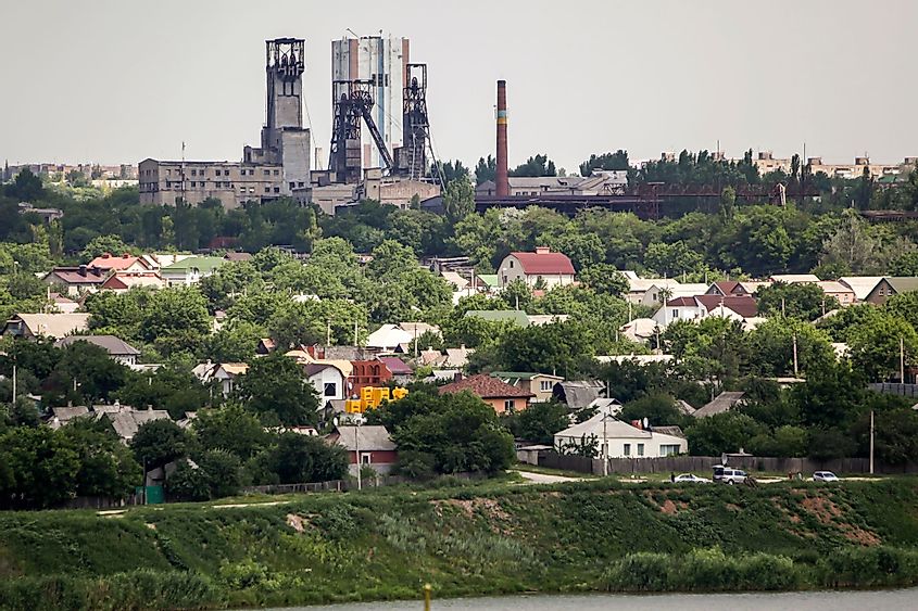 View of Bazhanov Mine and Kalmius River in Donetsk, Ukraine