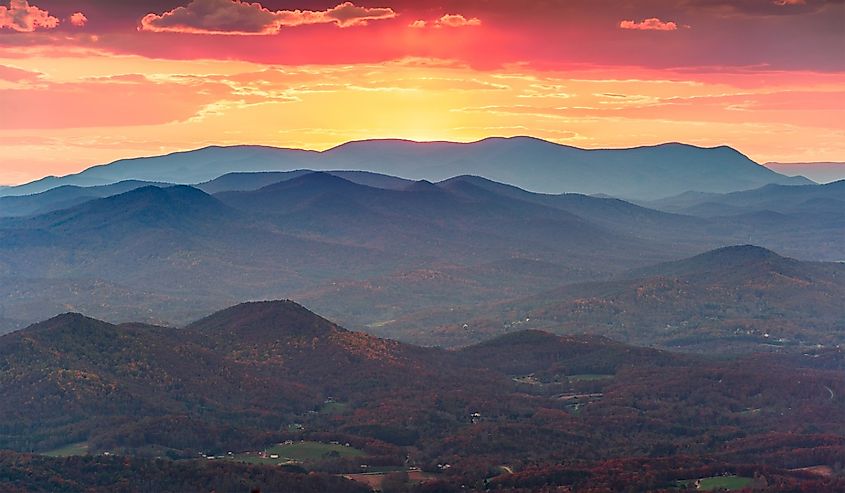 View from Brasstown Bald, Georgia, USA of the Blue Ridge Mountains in autumn at dusk.