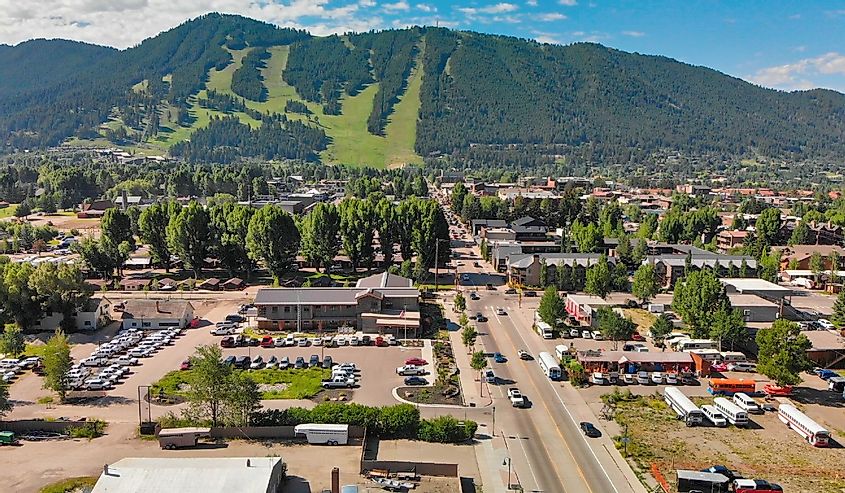 Panoramic aerial view of town and landscape on a beautiful summer morning, Jackson, Wyoming