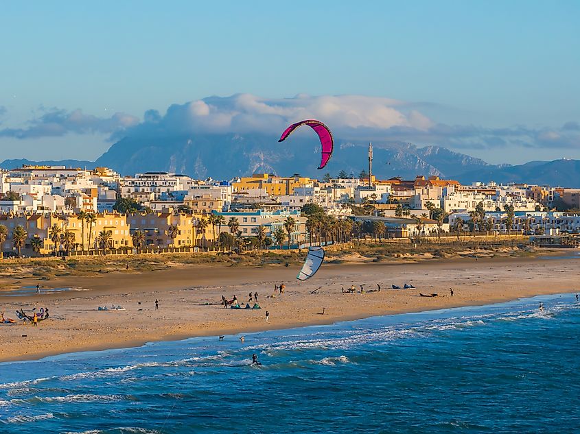 Aerial view of the coastline of Tarifa, Spain.