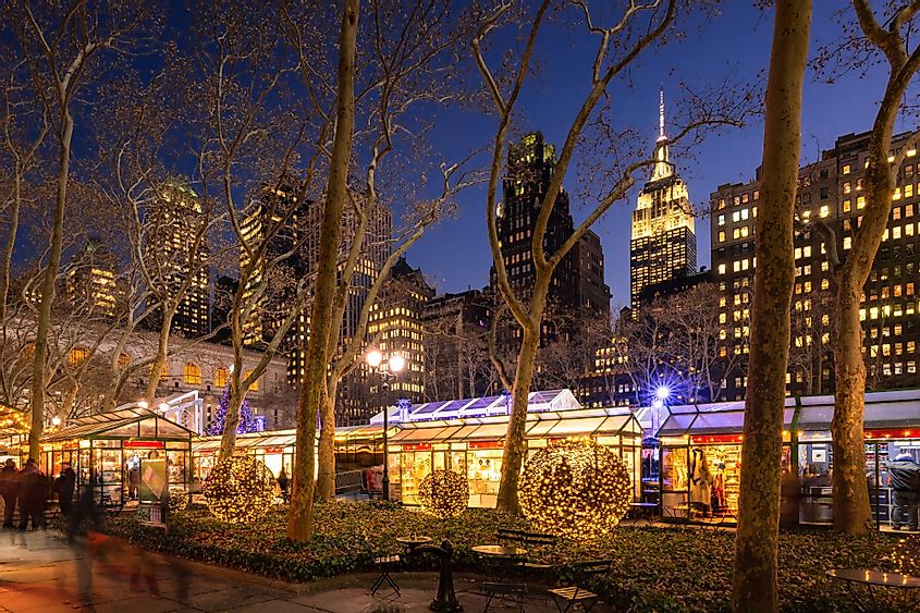 Bryant Park Winter Village in the evening
