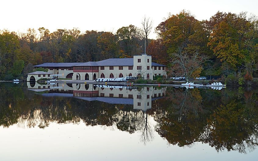 Sunset sky over Lake Carnegie and the Princeton University Boathouse in Princeton, New Jersey