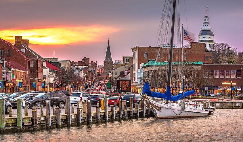 Annapolis, Maryland, USA from Annapolis Harbor at dusk.