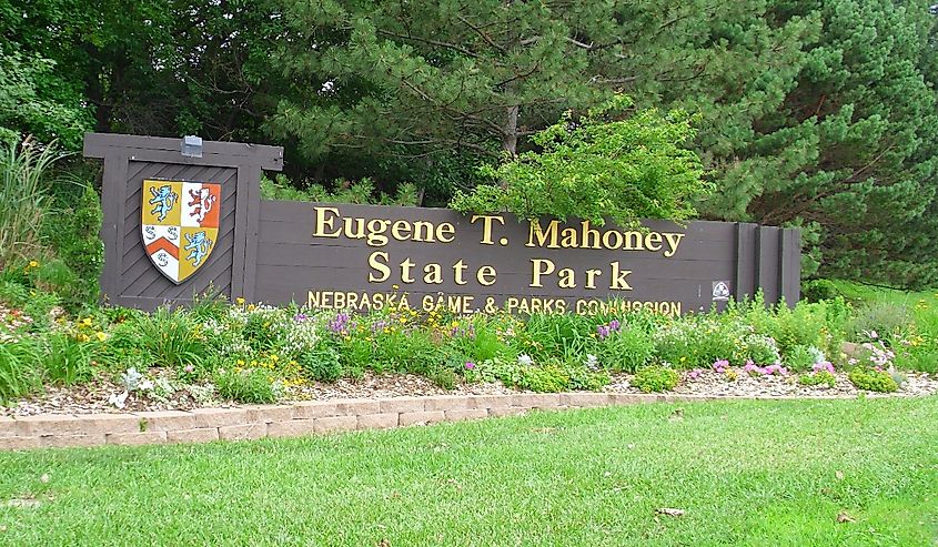 Eugene T. Mahoney State Park sign in eastern Nebraska.