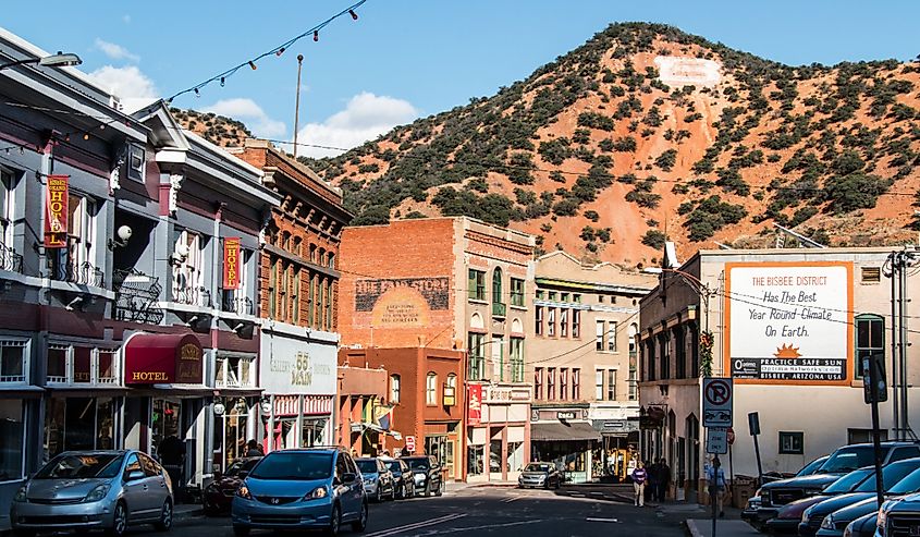 Downtown Bisbee, Arizona and the large "B" on the hillside behind it, shot during late afternoon.