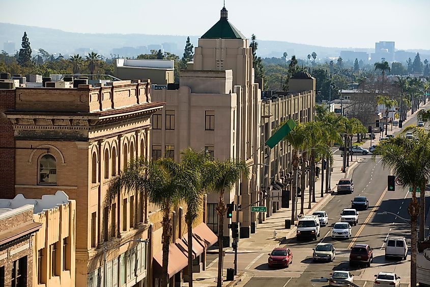 Sun shines on the historic downtown district of Santa Ana, California