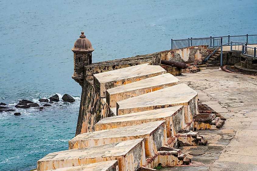 Traditional garita (sentry box) on the fortifications of the Castillo San Felipe del Morro, an ancient Spanish colonial citadel located at the entrance of the San Juan Bay in Puerto Rico