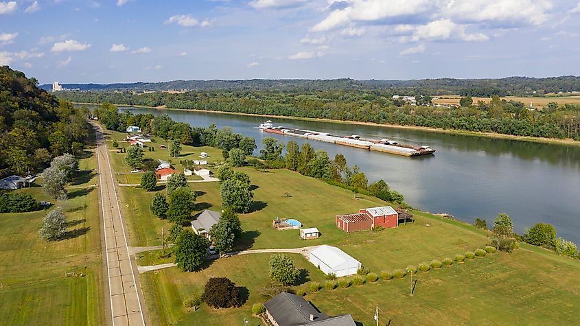 Aerial view of the Ohio River flowing by Gallipolis
